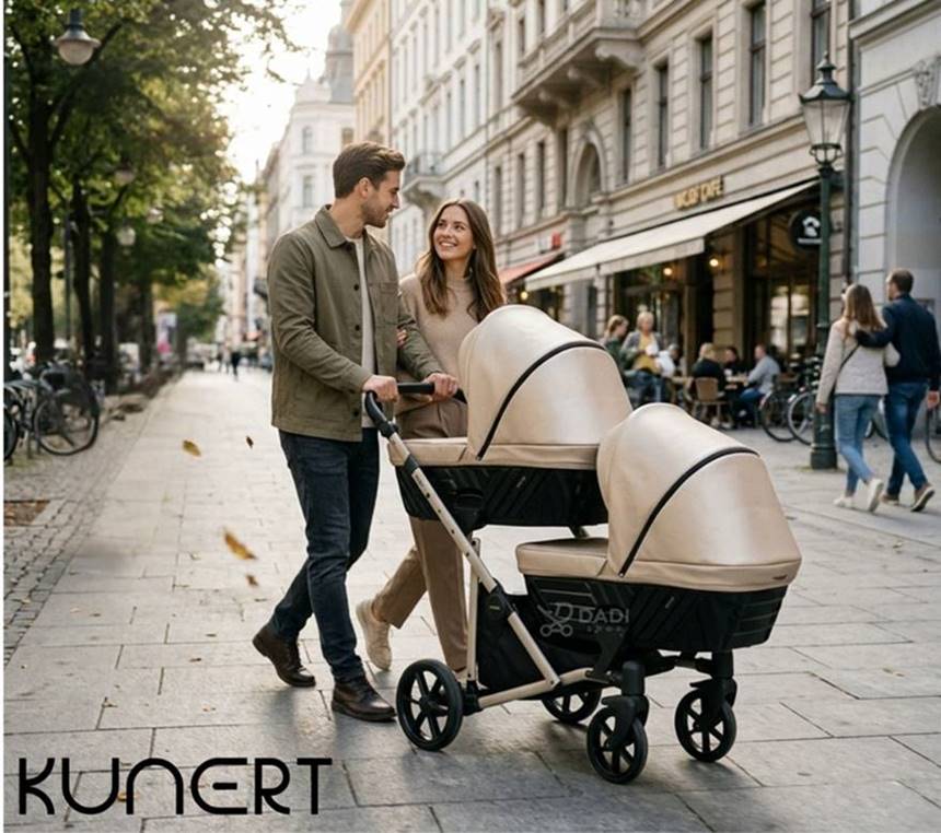 Kunert Ivento Duo – kompaktowy wózek bliźniaczy podczas spaceru w mieście z rodzicami.